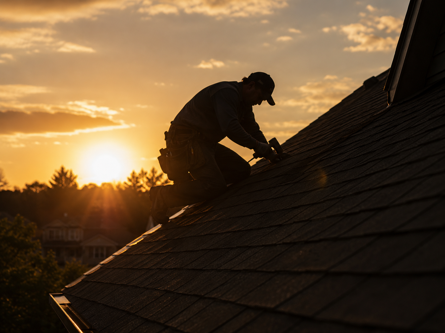 Roofer silhouetted against a warm golden sunset